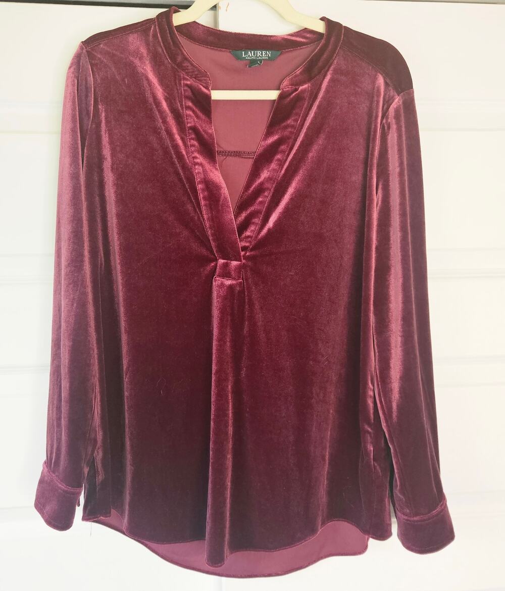 Lauren Ralph Lauren Burgundy Velvet Split V-Neck Luxe Holiday Blouse L